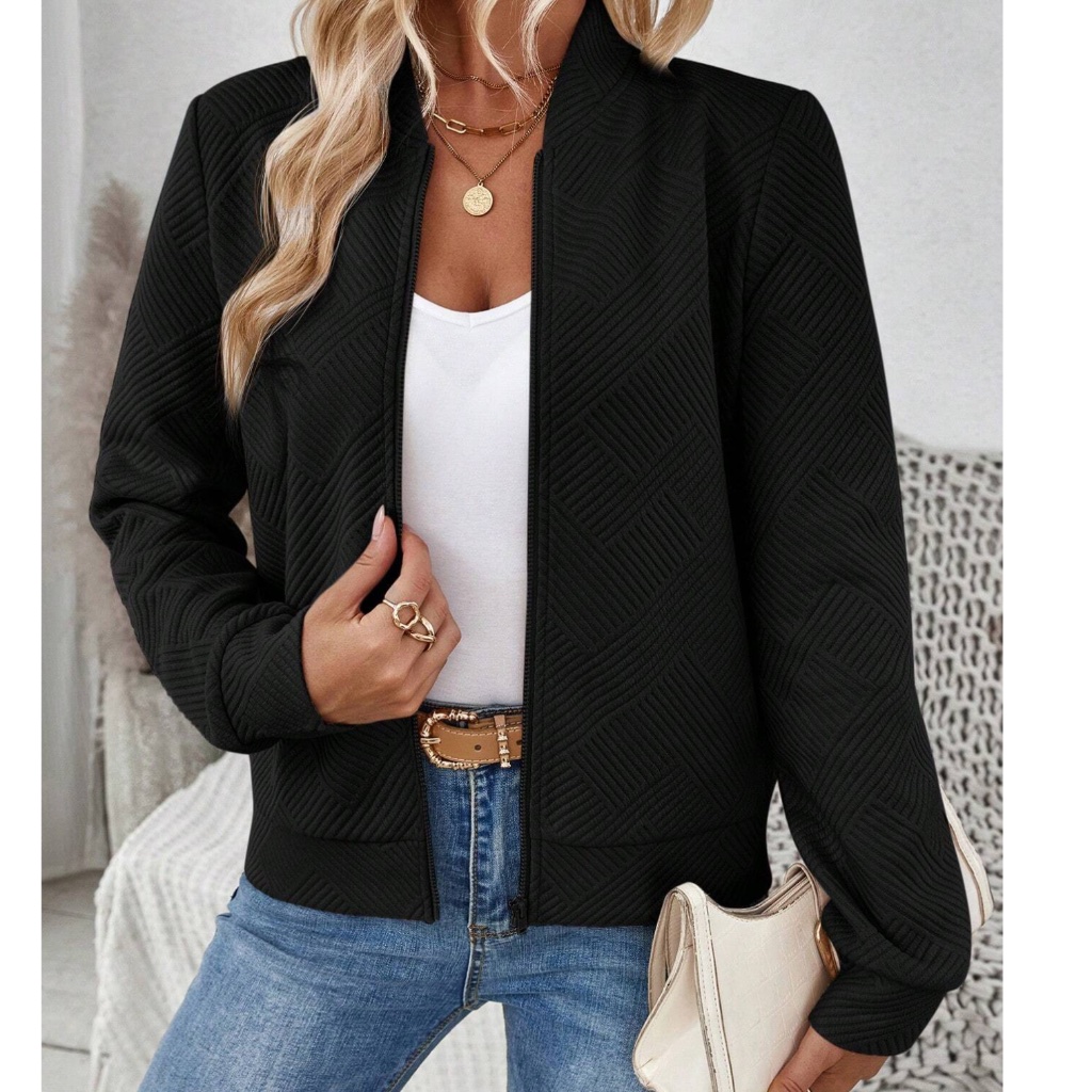 Classic Zip Up Textured Oversized Bomber Jacket
